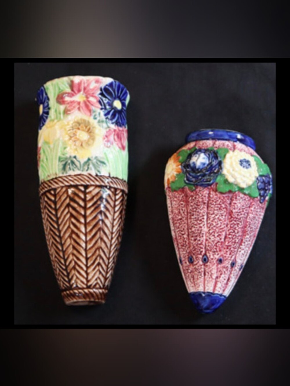 Vintage Pair of Hand Painted Floral Wall Pocket Hangers made in Japan